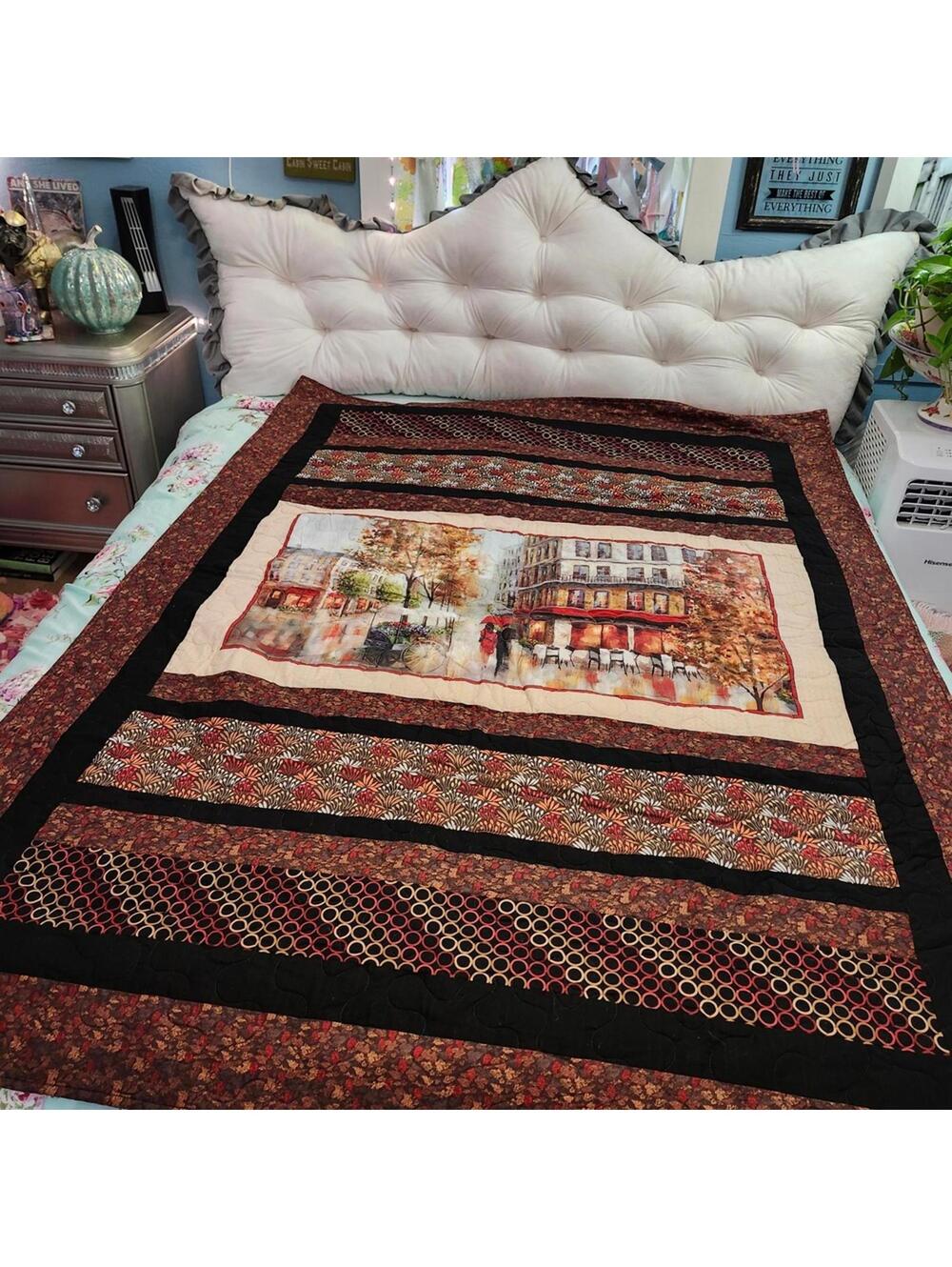New Beautiful Handcrafted Autumn-Themed Quilt with Parisian Street Scene
